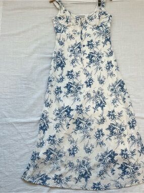Wayf Blue and cream Floral Linen Blend Midi Dress